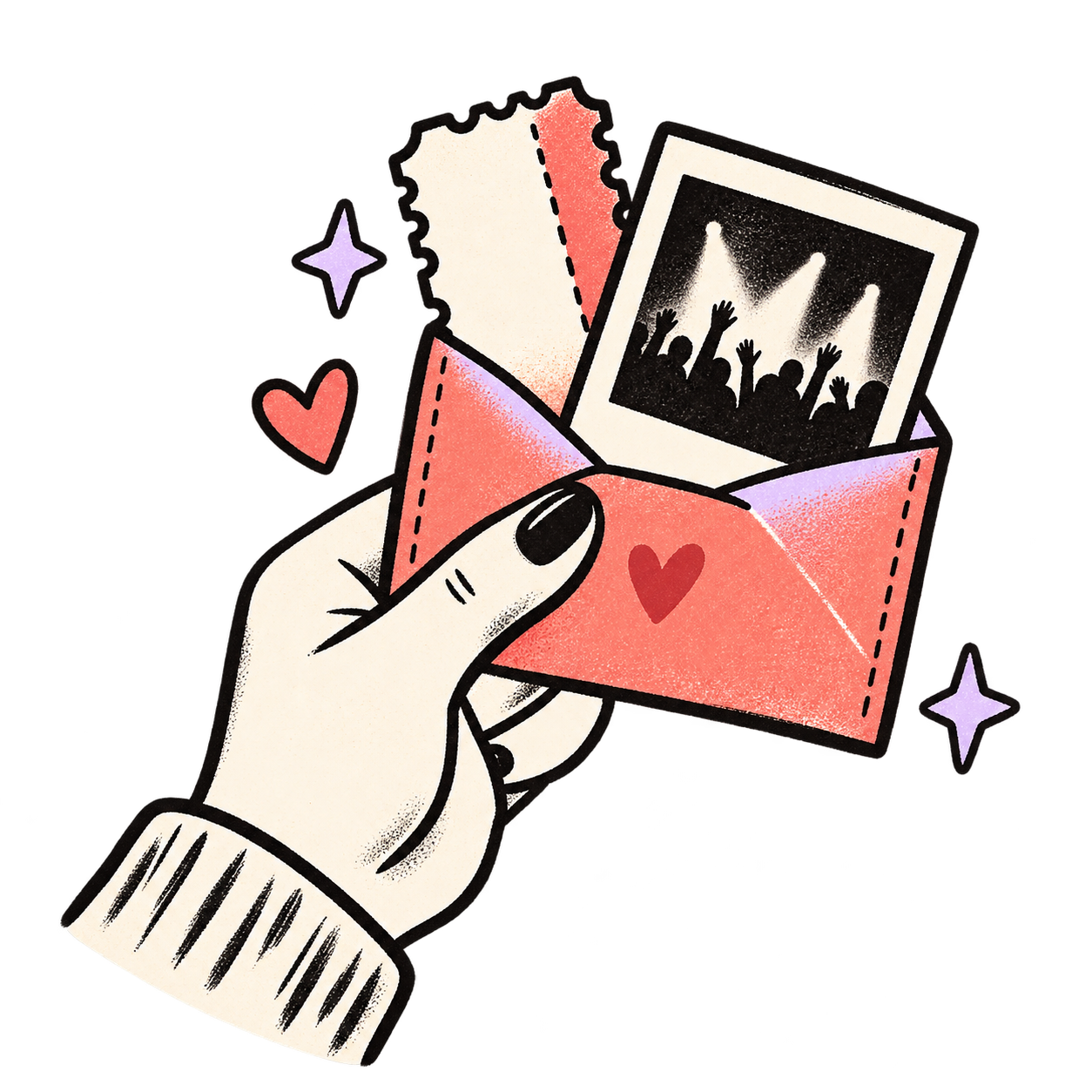 手绘纪念口袋,放有演出票与现场照片 / Illustrated keepsake pocket with a ticket and concert photo